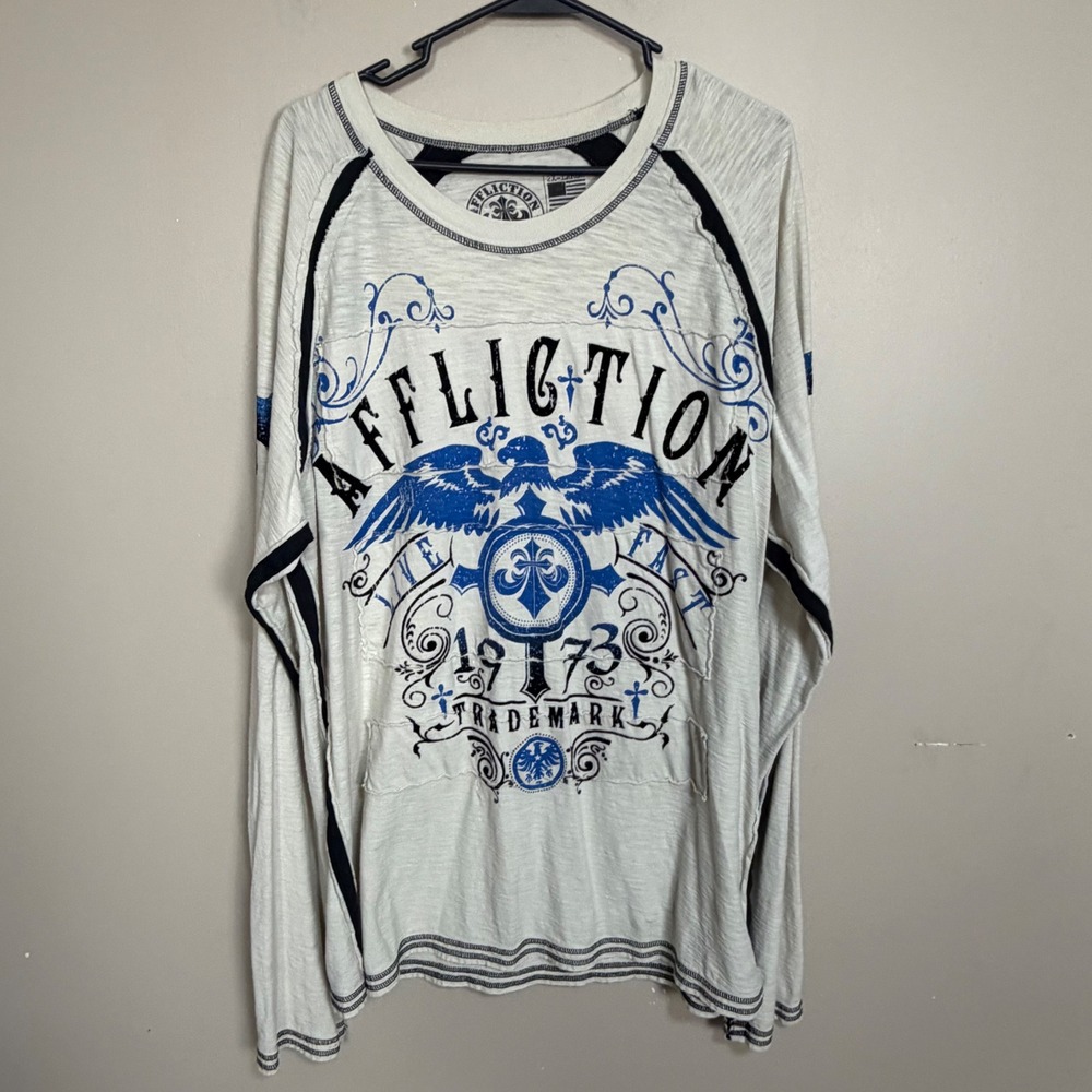 Affliction Live Fast Mens 2XL Long Sleeve Slub Graphic Shirt White Blue Eagle